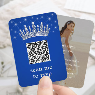Royal Blue Quinceañera Crown & Stars QR RSVP Photo Enclosure Card