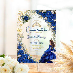Royal Blue Quinceañera Golden Butterflies  Acrylic Invitations