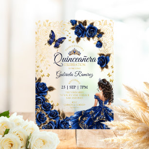 Royal Blue Quinceañera Golden Tiara Roses  Acrylic Invitations