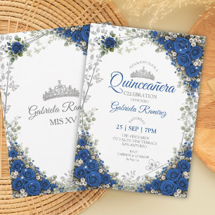 Royal Blue Quinceañera Silver Butterflies Invitation