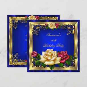 Royal Blue Red Cream Roses Gold Birthday Party Invitation