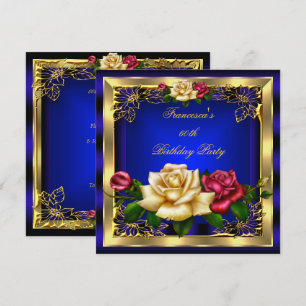Royal Blue Red Cream Roses Gold Elegant Birthday 7 Invitation