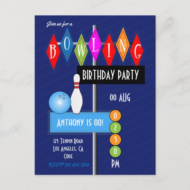 Royal Blue Retro Bowling Birthday Party Postcard (Front)