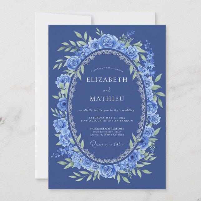 Royal Blue Romantic Floral Wedding Invitation (Front)