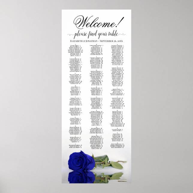 Royal Blue Rose Alphabetical Seating Chart Poster (Front)