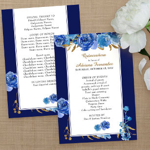 Royal Blue Rose and Elegant Gold Leaf Quinceanera Program
