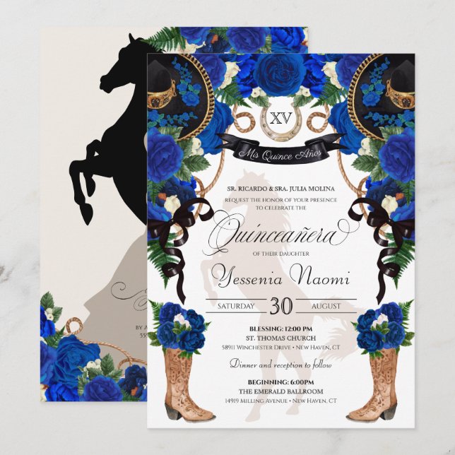 Royal Blue Rose & Black Western Charro Quinceanera Invitation (Front/Back)