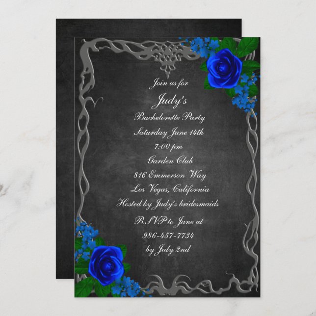 Royal Blue Rose Chalk Board Bachelorette Party Invitation (Front/Back)