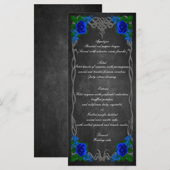 Royal Blue Rose Chalk Board Fall Wedding Menu Card (Front/Back)