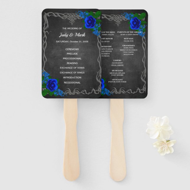 Royal Blue Rose Chalk Board Fall Wedding Program Hand Fan (Front and Back)