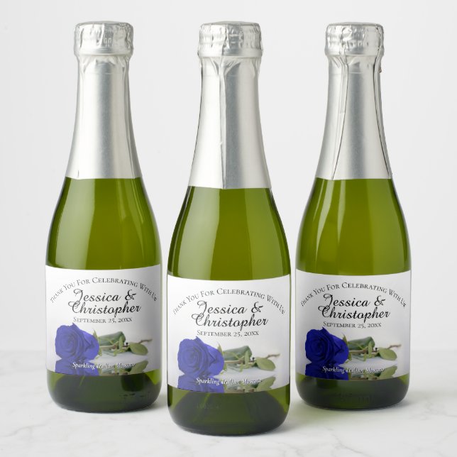 Royal Blue Rose Classy Wedding Thank You Mini Sparkling Wine Label (Bottles)
