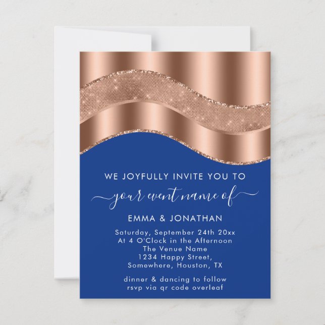 Royal Blue Rose Copper Border Wave QR Code Wedding (Front)