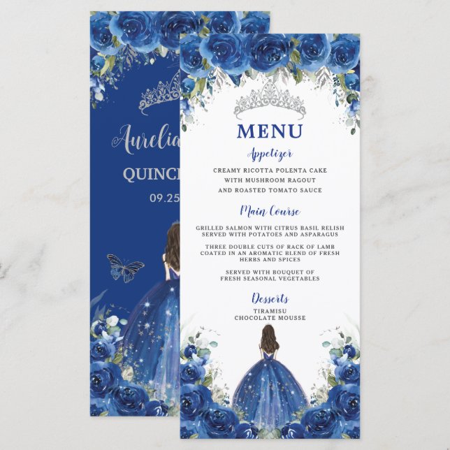 Royal Blue Rose Floral Girl Robe Quinceañera Menu (Devant / Derrière)
