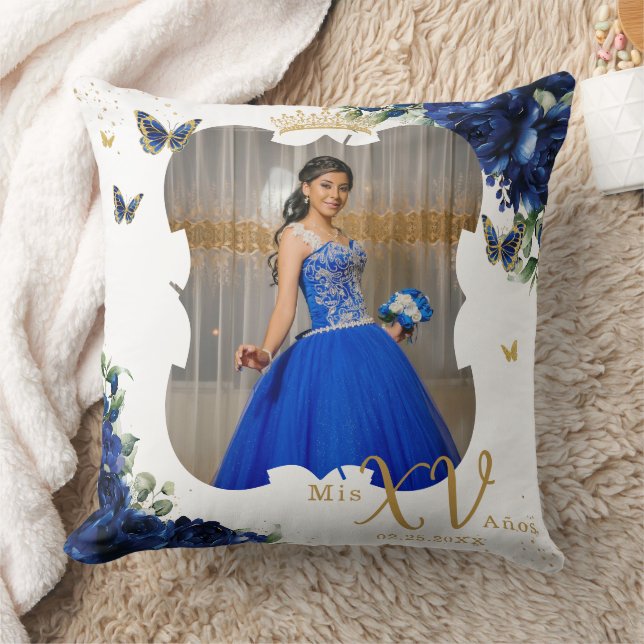 Royal Blue Rose Floral Picture Quinceañera Memento Throw Pillow (Blanket)