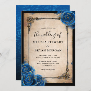 Royal Blue Rose Gold Black Vintage Elegant Wedding Invitation