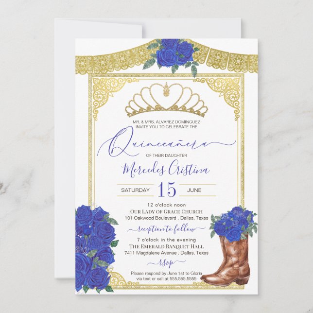 Royal Blue Rose Gold Floral Charro Quinceanera Invitation (Front)