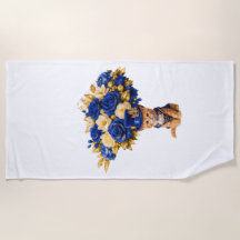 Royal Blue Rose Kitten Beach Towel