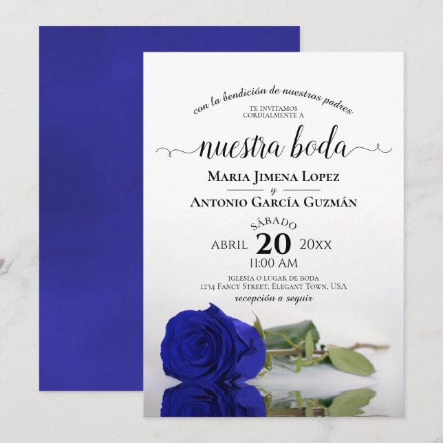 Royal Blue Rose Spanish Nuestra Boda Wedding Invitation (Front/Back)