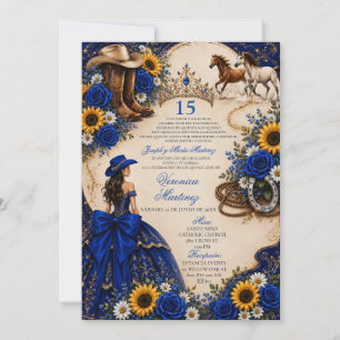 Royal Blue Rose Sunflower Western Quinceañera  Invitation
