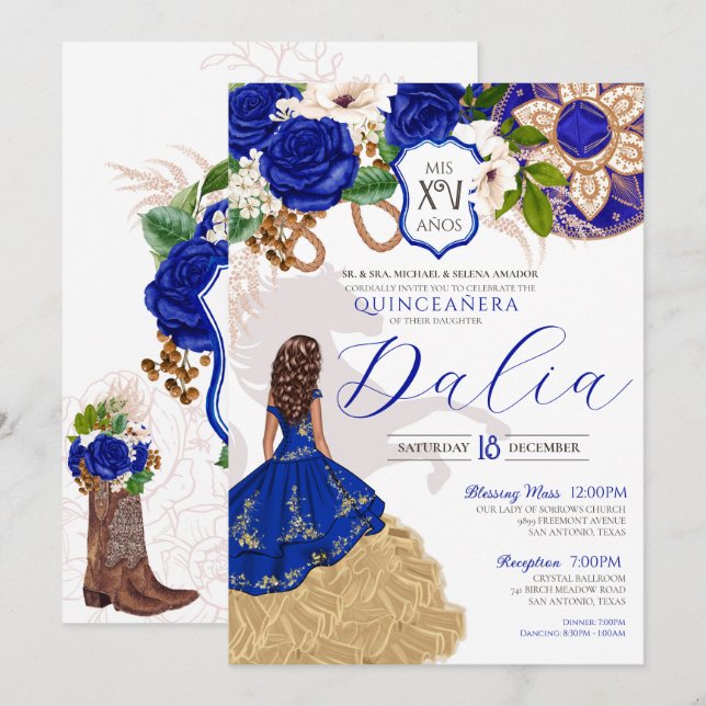 Royal Blue Rose Western Charro Quinceañera Invitation (Front/Back)
