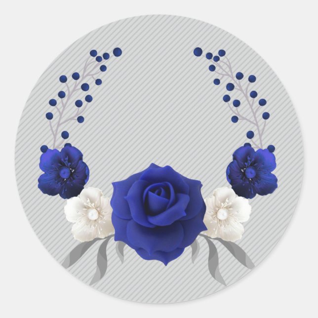 royal blue rose white flowers grey classic round sticker (Front)