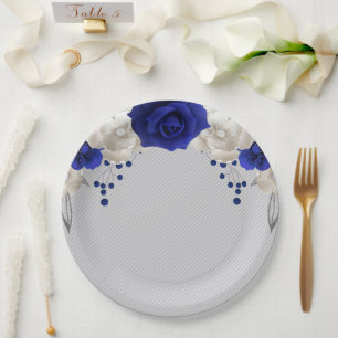 royal blue rose white flowers grey paper plate