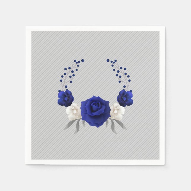 royal blue rose white flowers grey wedding napkin (Front)