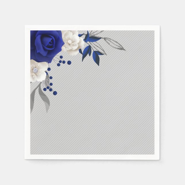 royal blue rose white flowers grey wedding napkin (Front)