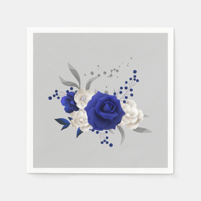 royal blue rose white flowers grey wedding napkin (Front)
