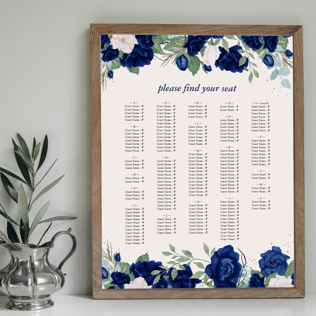 Royal Blue Roses Alphabetical Seating Chart (Alphabetical Seating Chart with royal navy blue rose borders Available printed or printable download)