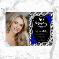 Royal Blue Roses Black Damask Photo 50th Birthday
