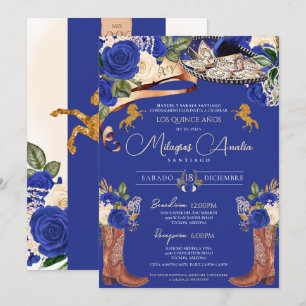 Royal Blue Roses Fancy Mariachi Charro Quinceanera Invitation