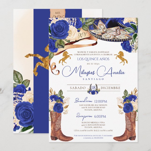 Royal Blue Roses Fancy Western Charro Quinceanera Invitation (Front/Back)