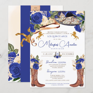 Royal Blue Roses Fancy Western Charro Quinceanera Invitation