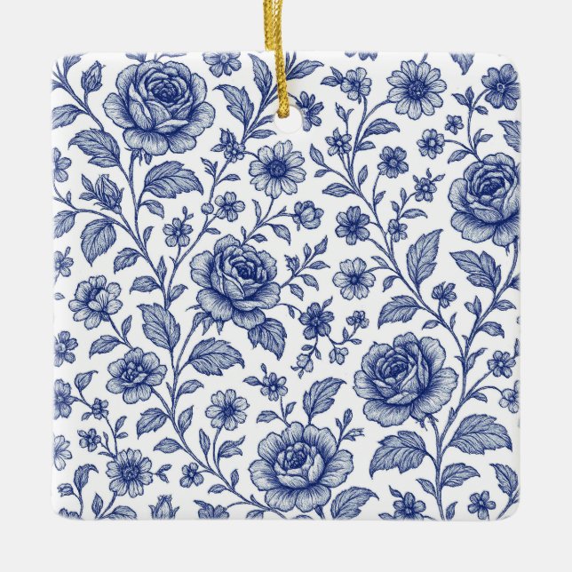 Royal Blue Roses Floral Pattern  Ceramic Ornament (Front)
