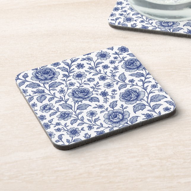 Royal Blue Roses Floral Pattern  Coaster (Left Side)