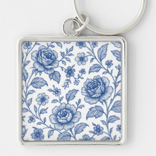 Royal Blue Roses Floral Pattern Keychain