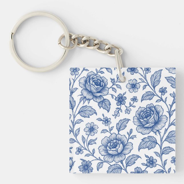 Royal Blue Roses Floral Pattern  Keychain (Front)