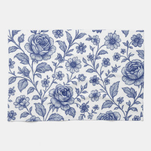 Royal Blue Roses Floral Pattern Kitchen Towel