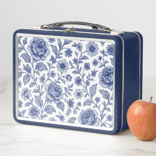 Royal Blue Roses Floral Pattern Metal Lunch Box