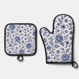 Royal Blue Roses Floral Pattern  Oven Mitt & Pot Holder Set