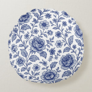 Royal Blue Roses Floral Pattern Round Pillow