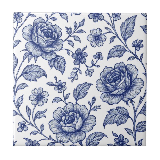 Royal Blue Roses Floral Pattern  Tile (Front)