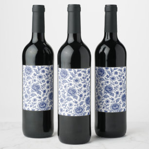Royal Blue Roses Floral Pattern Wine Label