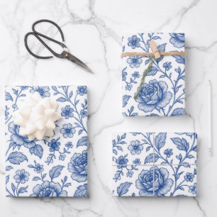 Royal Blue Roses Floral Pattern Wrapping Paper Sheet