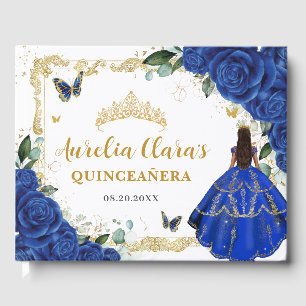 Royal Blue Roses Floral Princess Gold Quinceanera  Guest Book