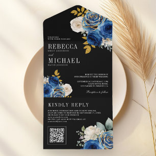 Royal Blue Roses Floral QR Code Black Wedding All In One Invitation