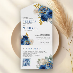 Royal Blue Roses Floral QR Code Wedding All In One Invitation