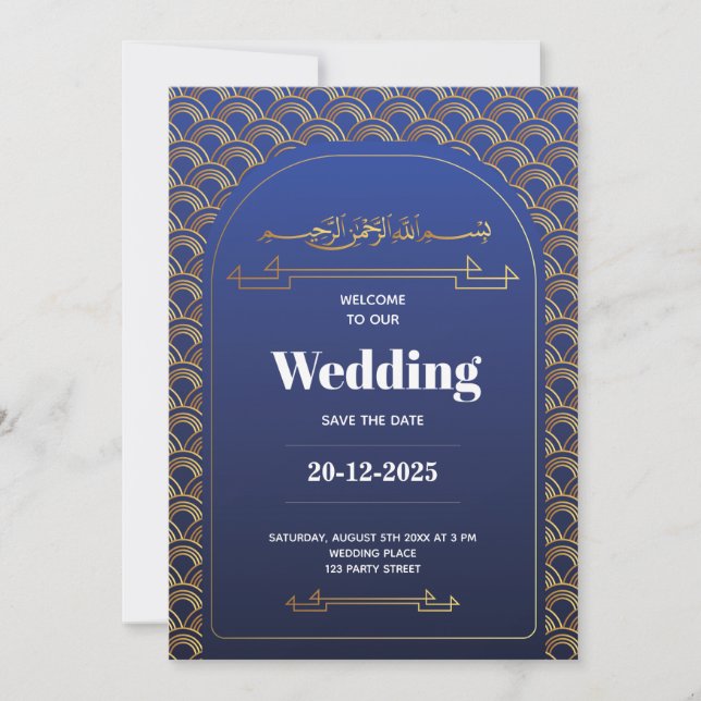Royal Blue Roses Gold Lace QR Code Muslim Wedding Invitation (Front)