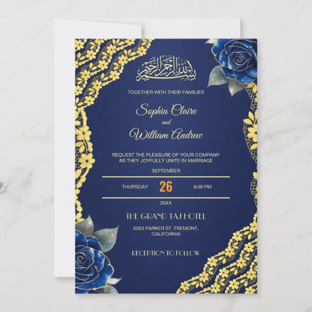 Royal Blue Roses Gold Lace QR Code Wedding  Invitation (Front)